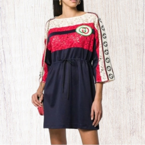 Gucci Dresses & Skirts - Gucci GG Floral Lace Logo Stripe Dress, Size XL